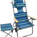 16" Heavy Duty Tall Beach Chair 17LBS with Camping Stool for Adults, Folding High Beach Chair with Face Hole Stripe
