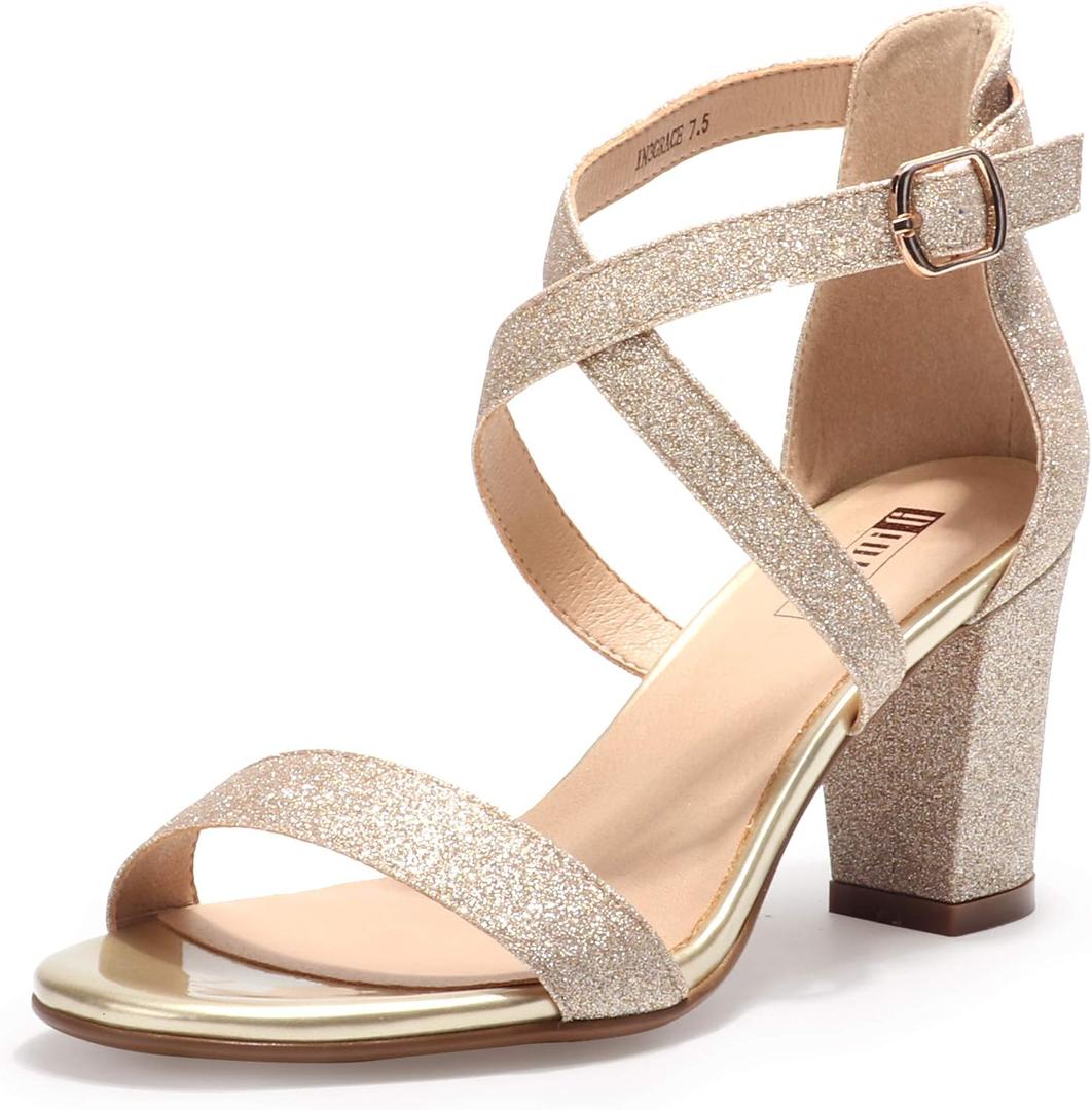 IDIFU Women's IN3 Grace Strappy Block Heels Sandals Comfy Open Toe Chunky Dress Wedding Shoes with Adjustable Cross Strap size 10