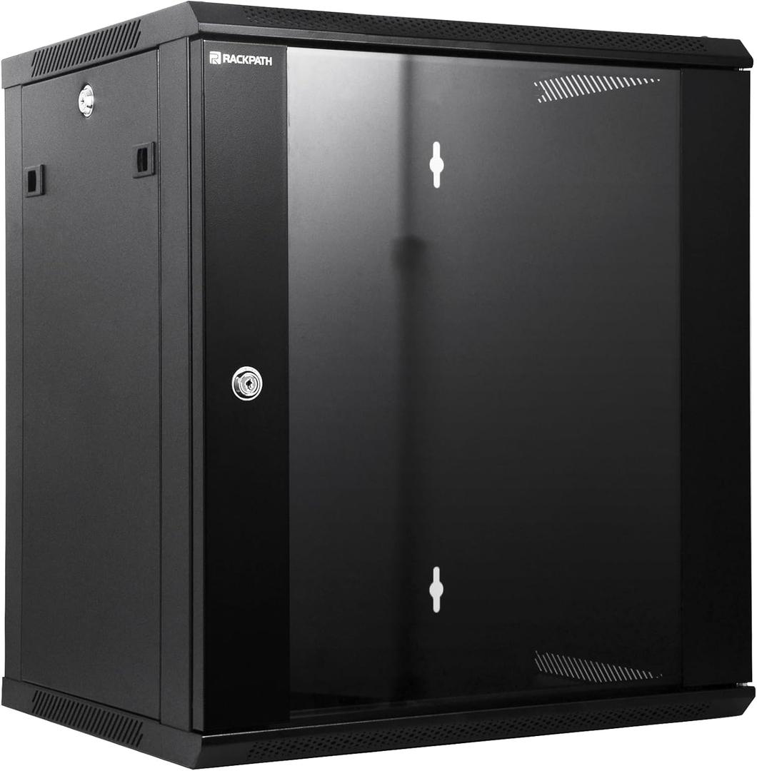 RackPath 12U Wall Mount Network Rack Cabinet  Quiet Cooling Fan, Locking Glass Door, 17.7" Deep (450mm), Removable Locking Side Panels, Fits 19" IT & A/V Equipment
