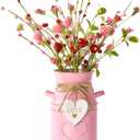 Valentines Day Centerpieces for Tables, Valentines Table Decor with 1 Vintage Pink Metal Vase, 4 Pcs Heart Artificial Flowers, Valentine's Day Table Decorations Indoor for Home, Kitchen