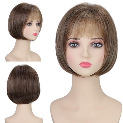 TISHINING Short Brown Mix Blonde Highlight Bob Wig with Bangs for White Women Chin Length Layered Mixed Brown Straight Bob Wig 10 Inch Synthetic Natural Looking Daily Party Wig