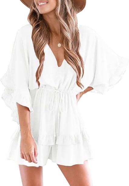 Valphsio Womens V Neck Beach Romper Ruffle Layered Drawstring Waisted Shorts Jumpsuit (Large, White)