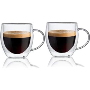 Espresso Cups Set Of 2 8 Oz, Double Walled Glass Coffee Mugs with Handle,Insulated Layer Coffee Cups,Clear Borosilicate Glass Mugs,Perfect for Cappuccino,Tea,Latte,Espresso,Hot Beverage,Wine