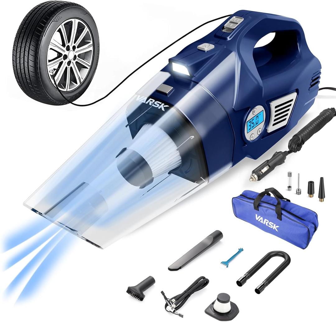 VARSK Car Vacuum Cleaner High Power, 4-in-1 Handheld Car Vacuum Portable Tire Inflator with LED Light and Digital Tire Pressure Gauge LCD Display, 12V DC, 15FT Cord, Car Gifts for Men Women
