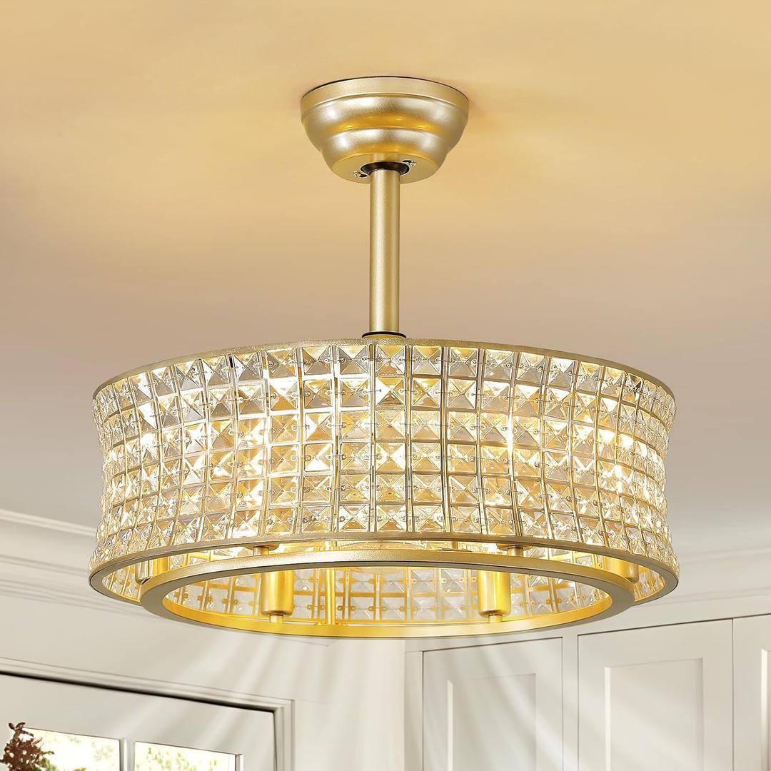 Crystal Caged Ceiling Fans Lights: 20" Gold Low Profile Fandelier Ceiling Fan with Remote/6 Speed/Timer Modern Semi Flush Mount Chandelier Ventilador de Techo for Bedroom Living Room Kitchen, E12 Base