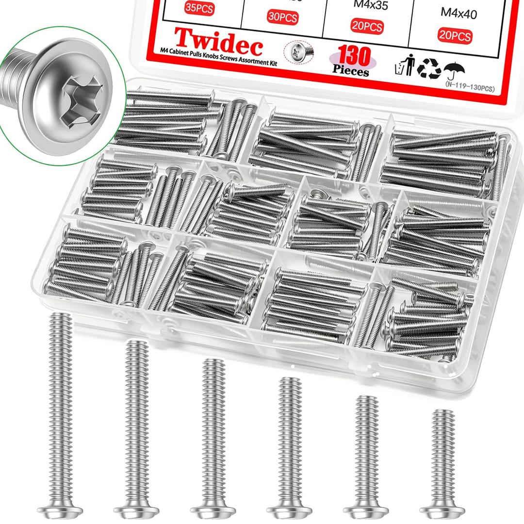 Twidec/130PCS M4 Cabinet Pulls Knobs Screws Assortment Kit,25/30/35/40/45/50mm Metal Phillips Machine Screw Pan Washer Head for Cabinet Drawer Closet Handle Install