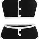 Verdusa High Waisted Bikini Sets for Women 2 Piece Wireless Tops and Panty Beach Vacation Clothes (Small, Black and White)