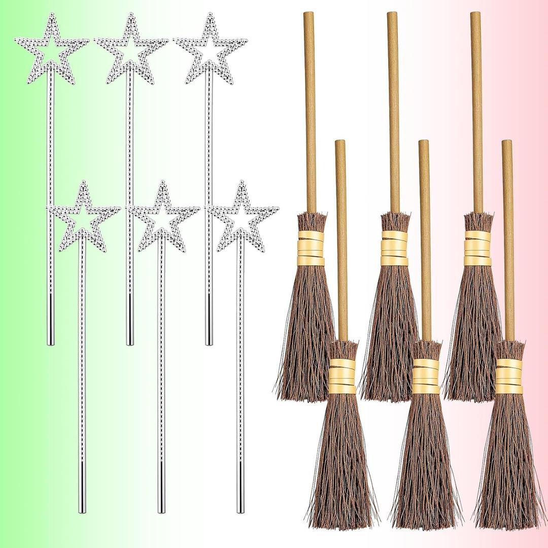 12 Pcs Halloween Witch Party Decorations Include 6 Fairy Wands 6 Witch Brooms for Pink and Green Halloween Cosplay Fans Party Dress Decor Photography Background Photo Booth Props Decor