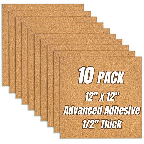 CRCHOM Cork Board Tiles 12"x12" - 1/2" Thick 10 Pack Cork Board Square Bulletin Boards Self Adhesive Corkboards for Walls Pin Boards Corkboards for Office Home School Decor