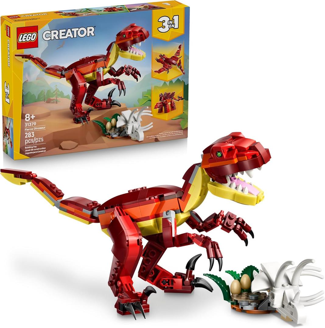 LEGO Creator 3 in 1 Fierce Dinosaur Building Toy for Boys & Girls, Ages 8+ - Gift for Birthdays - Kids Build 1 of 3 Prehistoric Animal Figures - 31379
