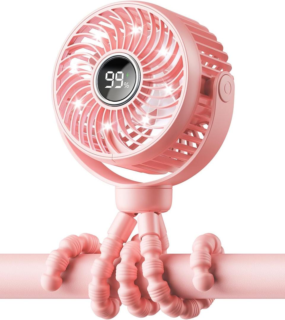 Mini Portable Stroller Fan for Travel,360° Rotation,4-Speed LED Night Light Clip on Fans Operated by Rechargeable Battery, Cordless Fan with Tripod Car Seat Baby Pram (Pink)