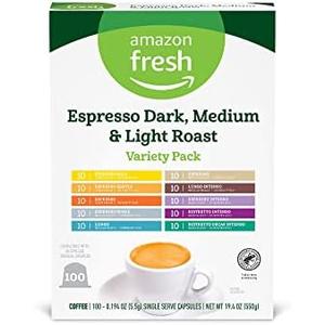 Espresso Dark, Medium & Light Roast Aluminum Capsules, Variety Pack, Compatible with Nespresso Original Brewers, 100 Count (10 Packs of 10)By 3 JUN 2027