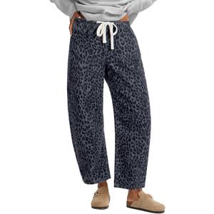 GRAPENT Barrel Jeans for Women Trendy High Waisted Pull On Wide Leg Cropped Leopard Cheetah Print Stretchy Denim Pants (Medium)