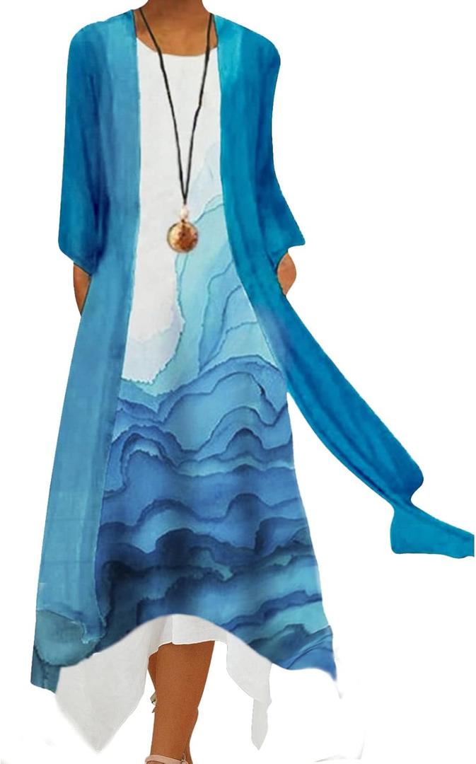 Honwenle Women's Linen Dress 2 Piece Outfit Floral Sleeveless Loose Maxi Summer Dresses with Jacket Formal Casual (Large)