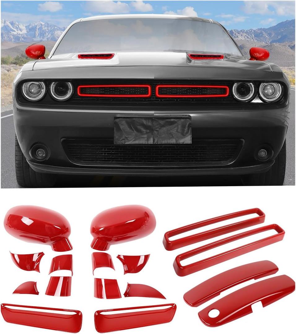 JWWY Complete Exterior Cover Trim Kit for 2015-2023 Dodge Challenger, Full Coverage Hood Scoops Cover Grille Insert Trim Door Handle Cover Side Mirror Cover Trim Exterior Accessories Red 16PCS
