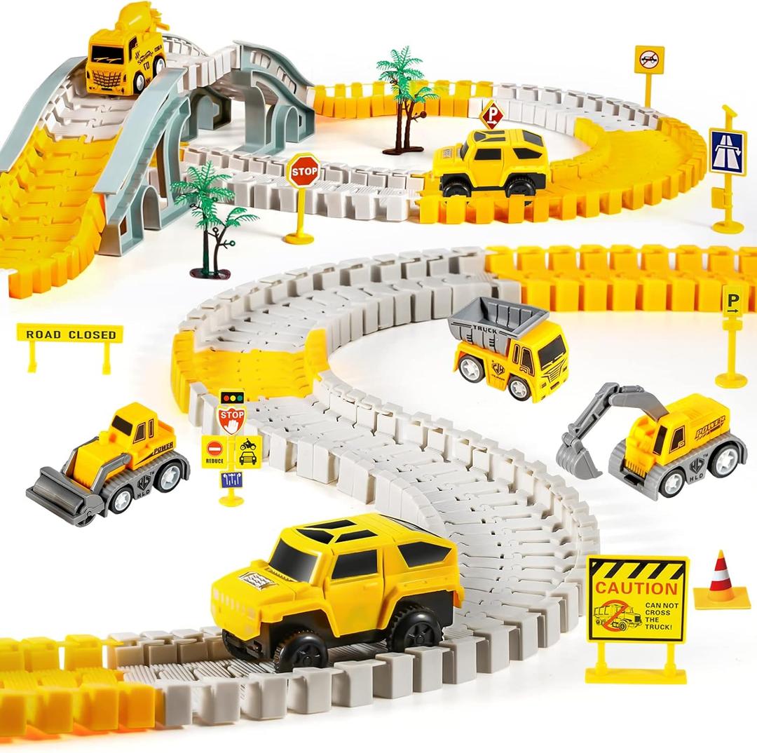 260 PCS Construction Race Tracks for Kids Toys, 2 Racing Cars, 4 Construction Cars, 1 Map & Flexible DIY Track Set, Engineering Toys for 3 4 5 6 Year Old Boys Girls