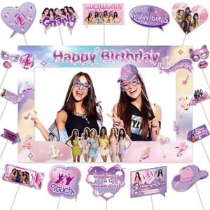 22Pcs Birthday Party Decorations Photo Booth Props Set 23.6x15.7in Photo Booth Frame with 21 Pcs Props Y2K Pink Purple Music Themed Party Props Kit for Birthday Decor Supplies
