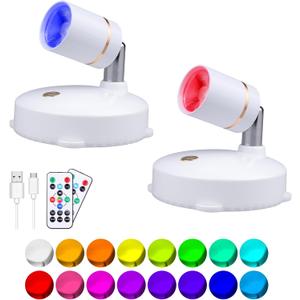 LEASTYLE Wireless Spotlights with Remote,RGBW Rechargeable Sopt Lights Indoor,16 Color Changing Battery Operated Lights with Timer Dimmable Accent Light Plant Light,2 Pack,White