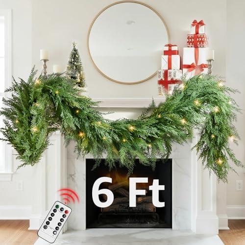 Christmas Cedar Garland Realistic - Cypress Decorations with Lights 6ft for Mantle Lighted Faux Pine Garlands for Xmas Home Decoration Indoor Stairs Railing Fireplace Outdoor 6 ft Prelit Door Decor