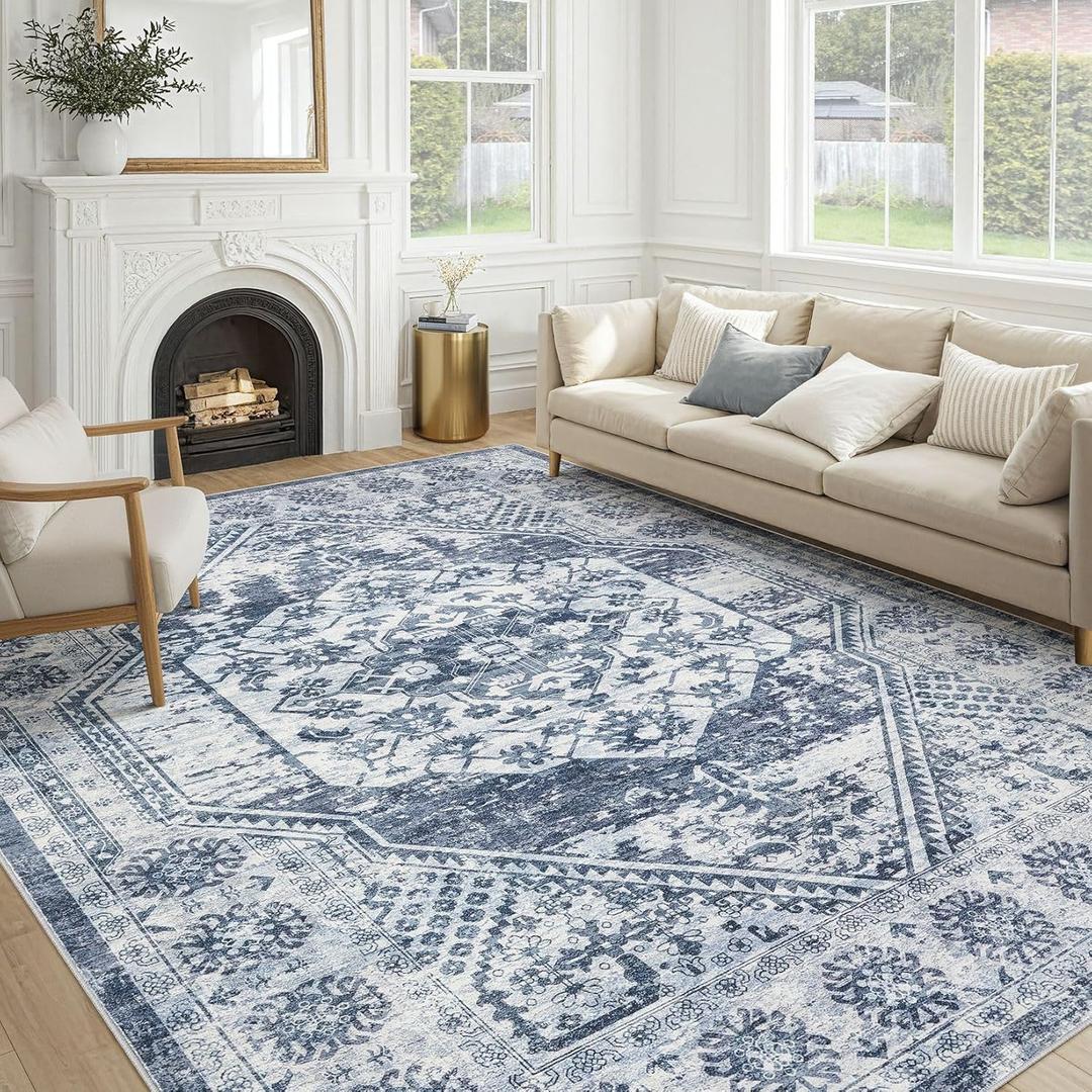 Vintage Living Room Area Rug 8x10 - Large Soft Washable Oriental Traditional Distressed Farmhouse Rugs for Bedroom - Indoor Floor Accent Carpet for Home Office House Decor - Distressed Blue