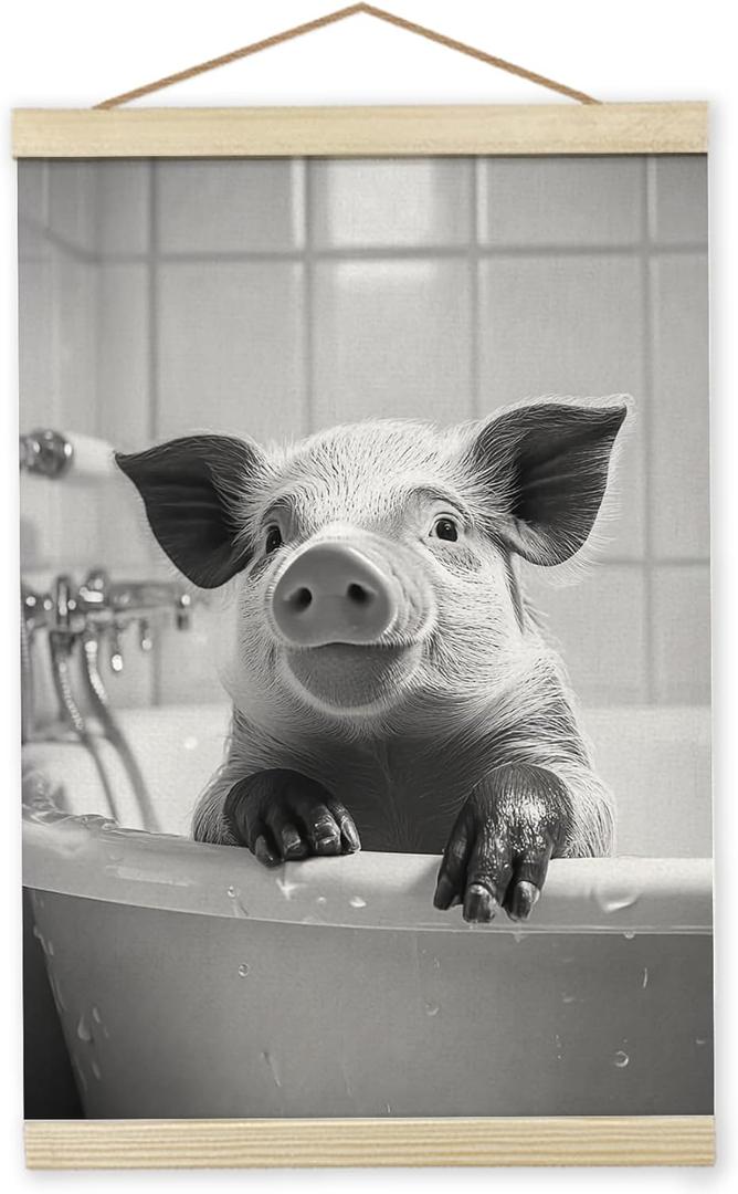 Giosve Pig Funny Wall Art Framed Decor, 12x16 inch, Funny Pig Poster Wall Art, Funny Canvas Prints Wall Art, Funny Pig Wooden Frames Poster Hanging Wall Art Decor for Bathroom