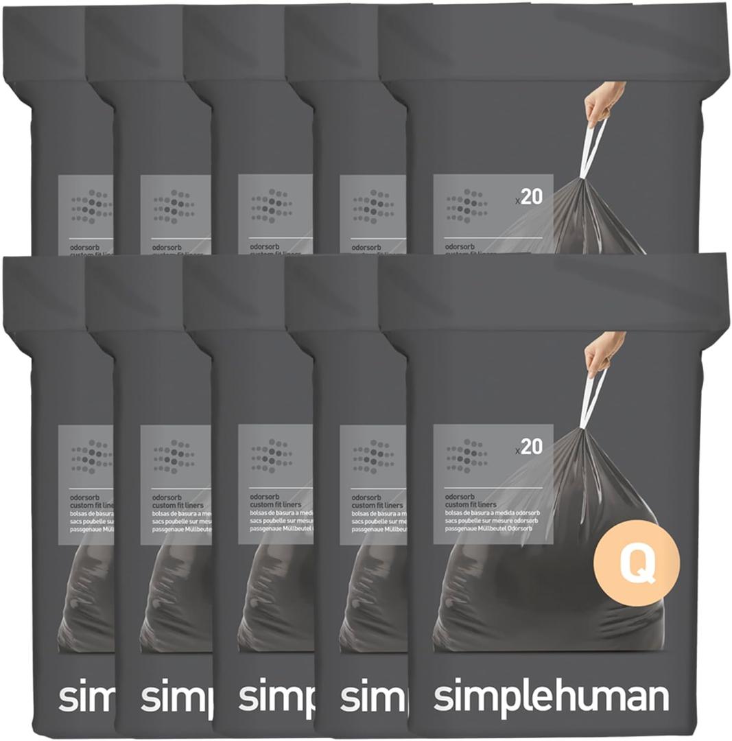 Simplehuman Code Q 200 Count, Genuine Odorsorb Custom Fit Liners, Drawstring Odor Absorbing Trash Bags in Dispenser Packs, 50-65 Liter / 13-17 Gallon