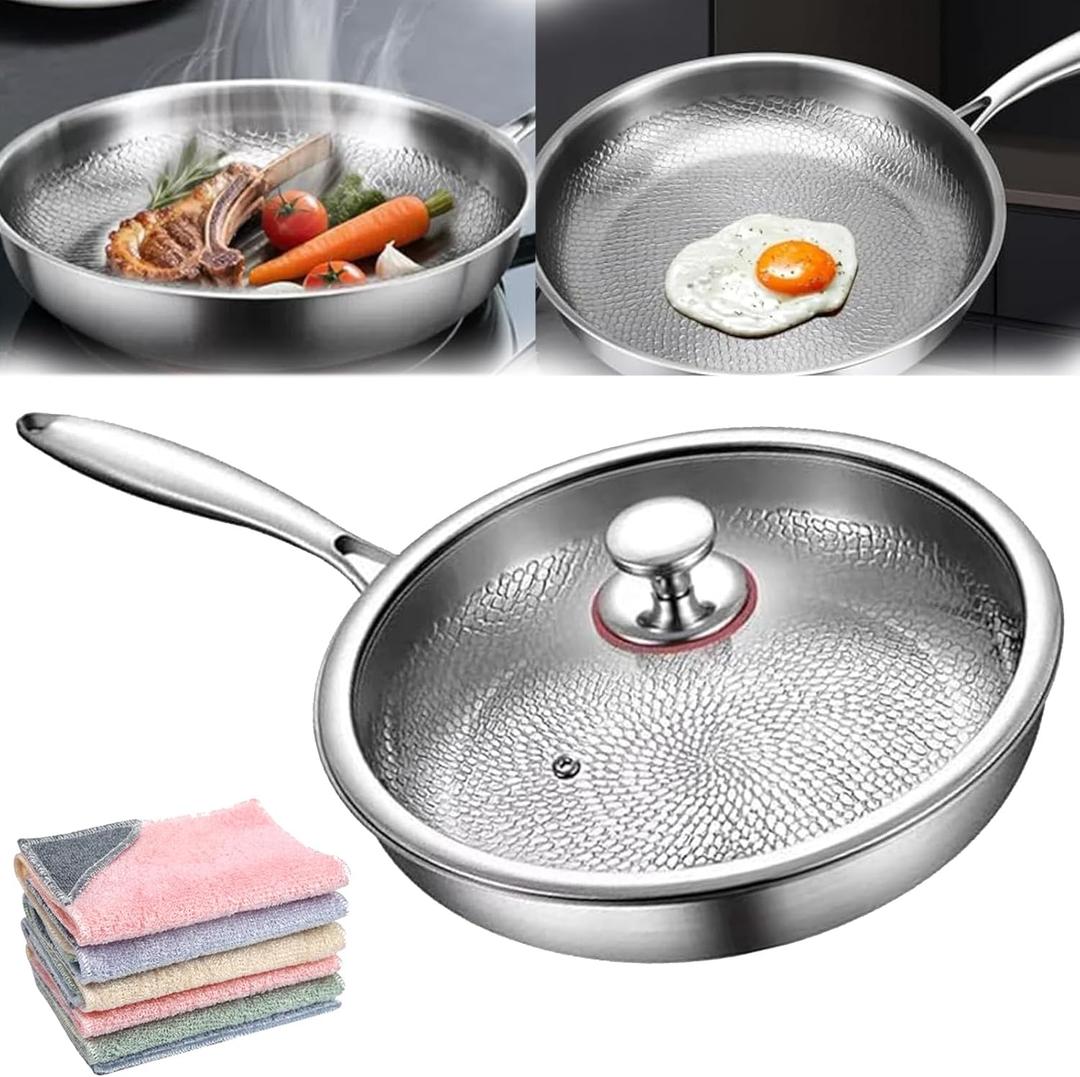 Titanium Hammered Pan Pro with Lid, 2025 New Titanium Frying Pan, Even Heating for Cooking (10in)