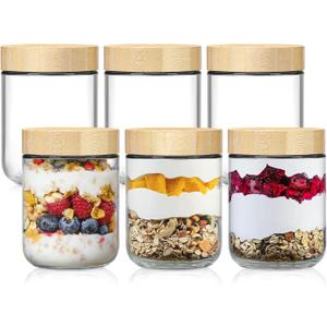 NETANY 6-pack 16oz Glass jars with Airtight Lids, Overnight Oats Containers with Bamboo Lids, Wide mouth Mason Salad jars, Glass Food Storage Containers for Snacks Yogurt Spice Sugar