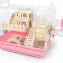 Cycodo 8 in 1 Acrylic Hamster Cage,2-Tier Dwarf Hamster Cage with Wooden Wheel & Hideout,Small Hamster Habitat with Accessories,Clear Pet Mice House (Pink,14" L*10" W*11" H)