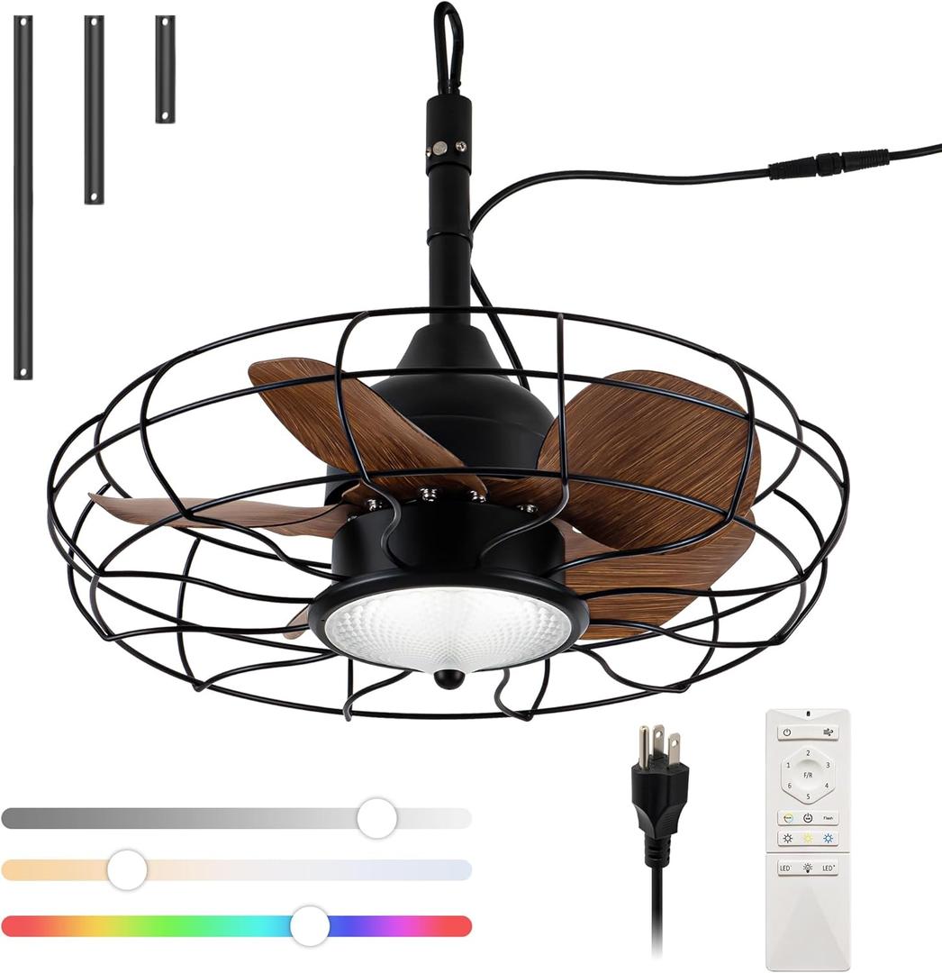 Gazebo Ceiling Fan with Lights, 20'' RGB Outdoor Waterproof Plug In IP65 Fan, Wet Rated with Dual Lighting System with Remote, 7-Color RGB & 3-Color Dimmable LED, Easy Hanging with Hook for Patio