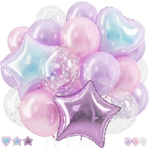 Pink and Purple Balloons, Pastel Pale Pink Light Purple Lilac Transparent Star Latex Balloon With Iridescent Heart Lavender Star Foil Balloons for Kpop Birthday Party Baby Shower Princess Decorations, 12 Inch