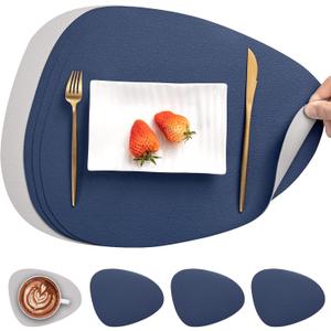Myir JUN Placemats, Dual-Sided Placemats Waterproof Faux Leather Placemats Set of 4 Place Mats and Coasters Non-Slip Washable Table Mats for Dining Table (Light Gray Blue, Set of 4)