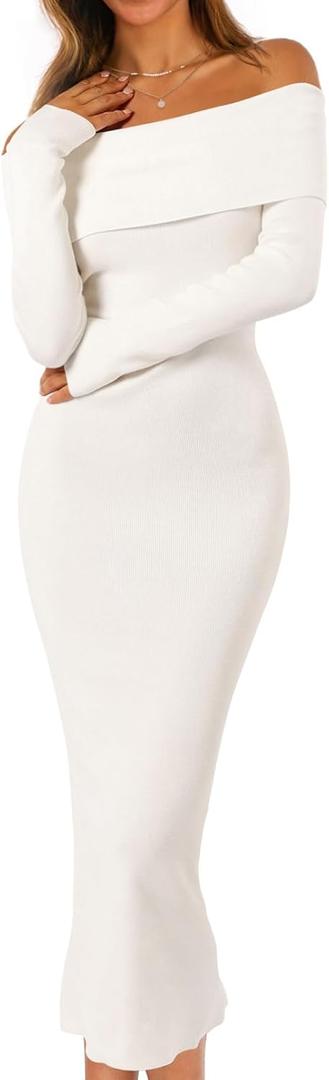 MEROKEETY Women's Winter Off Shoulder Bodycon Sweater Dress 2025 Formal Long Sleeve Elegant Club Party Midi Dresses (Large, White)