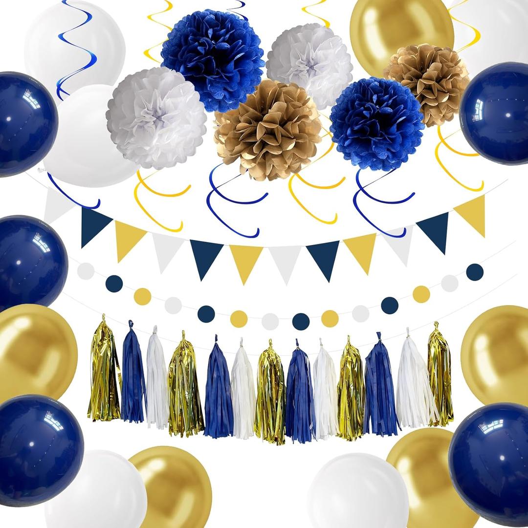 Navy Blue Gold Party Decoration Set 6 Paper Pom Poms, 15 Tassels, 1 Bunting, 1 Garland, 6 Spirals, 15 Latex Balloons Complete Party Decor for Birthday, Graduation,Baby Shower, and Celebrations