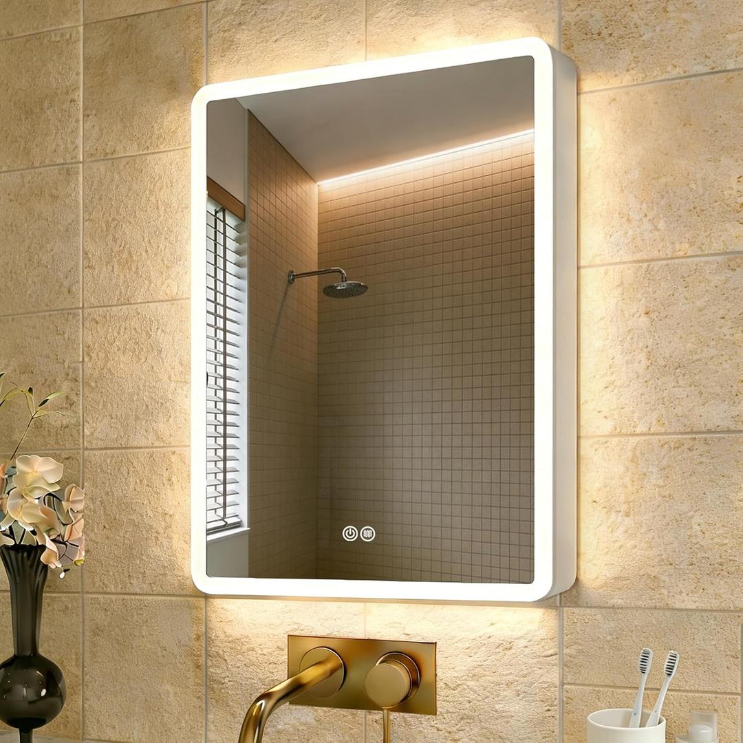 Basenji LED Lighted Medicine Cabinet with Mirror for Bathroom Anti-Fog & Tri- Color Dimmable Lights with Adjustable Shelves Aluminum Alloy Body, Storage Behind Door & Tissue Holder, 20