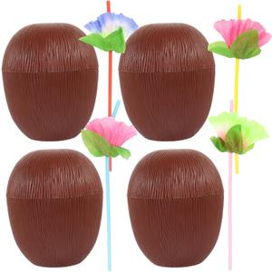 4pcs Novelty Coconut Cups with Hibiscus Flower Straws Plastic Hawaiian Party Cups Luau and Beach Party Decorations for Kids and Adults