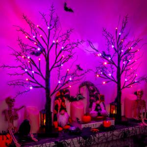 Halloween Decorations Indoor 2 Pack 24 Inch Halloween Black Tree with 24 Orange Purple Lights, Timer/USB/Battery Operated Tabletop Lighted Halloween Spooky Tree for Halloween Table Decor Home Indoor