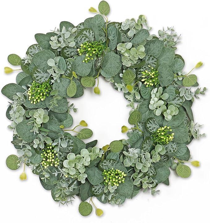 Eucalyptus Wreaths for Front Door 22", Handmade Green Leaves Wreath for Summer, Spring and All Seasons, Greenery Floral Wreath for Wall and Outside