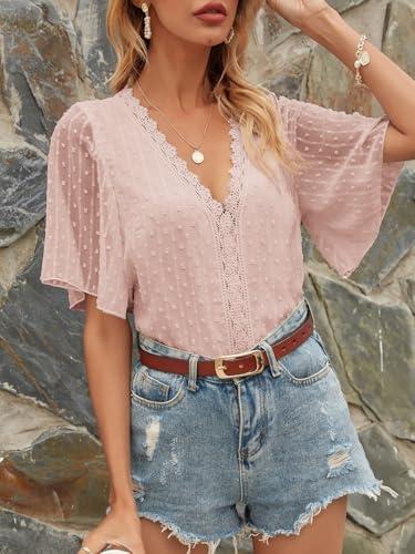 Women's Summer Tops Chiffon V Neck Flare Sleeve Shirts Polka Dot Blouses Dressy Ladies Tunic, XXL