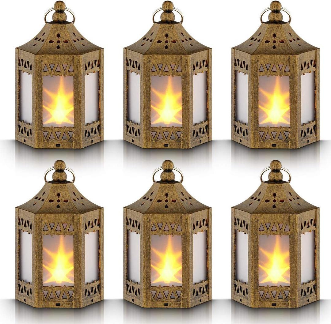 Mini Star Lantern with Flickering LED,Battery Included,Decorative Hanging Light,Christmas Decoration,Indoor Candle Lamp,Battery Lantern Indoor Use,Zkee(Set of 6 Copper Brushed)