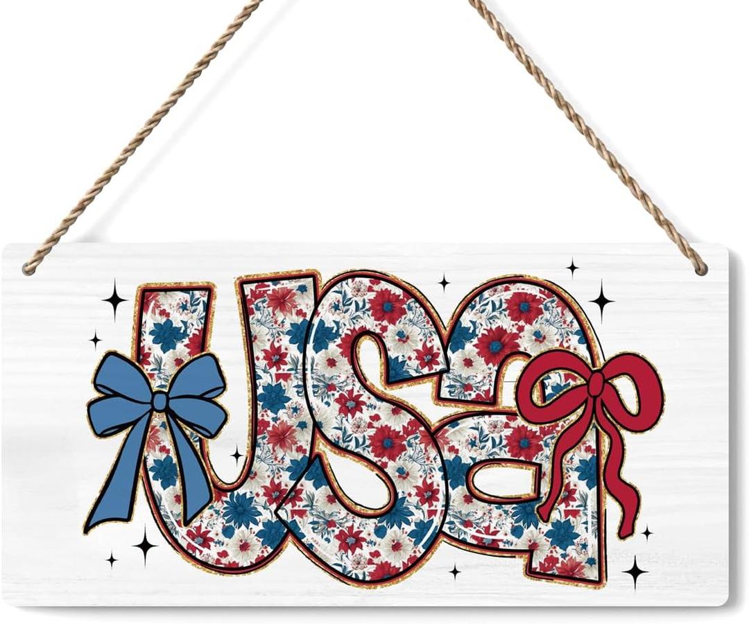 Bow 4th of July Decor Patriotic Decor Front Door Sign for Memorial Day Independence Day Office Home Porch Bedroom Outdoor Wall Hanging Decoration