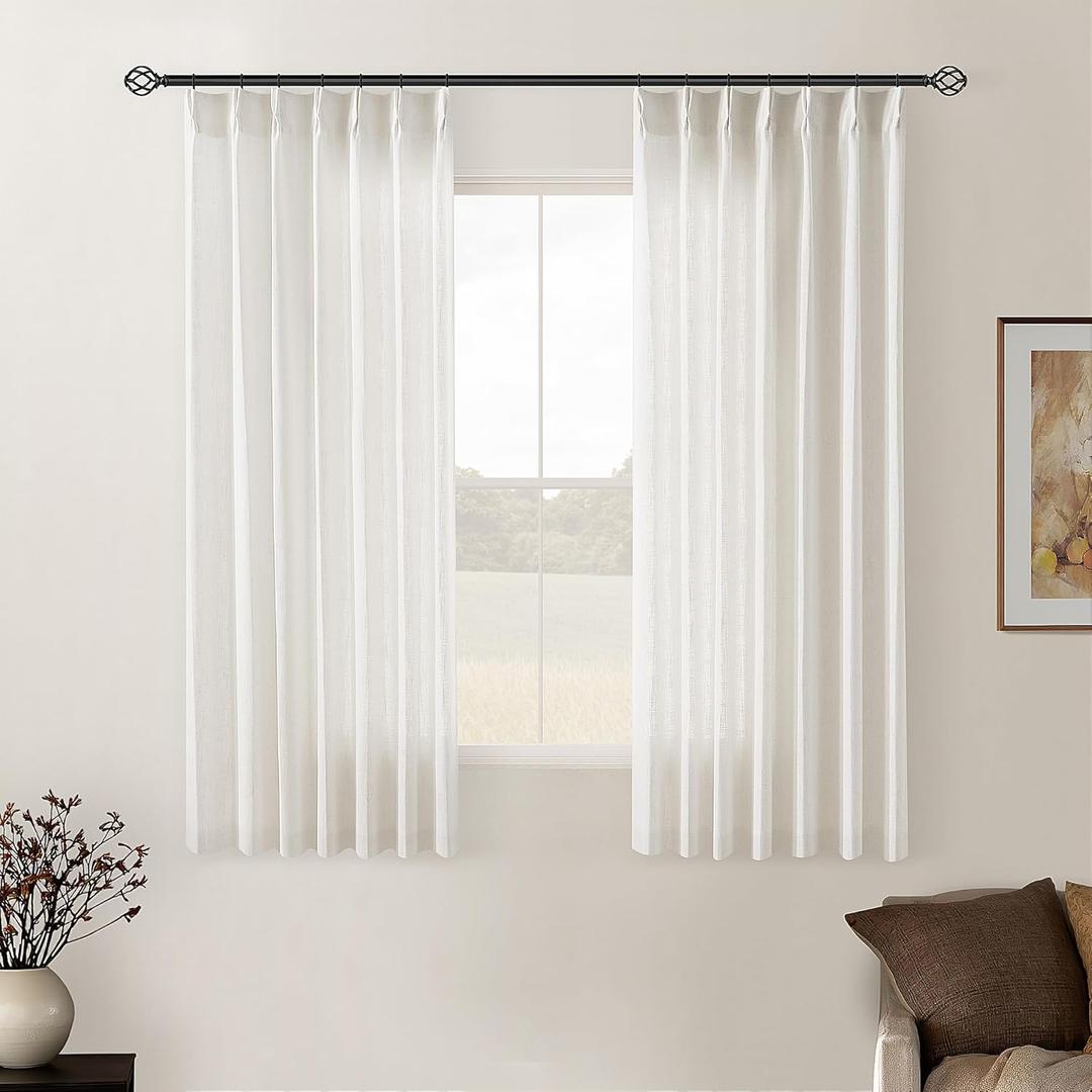 Cream Ivory Pinch Pleat Linen Short Curtains 54 Inch Long for Kitchen Pleated Hooks Rings Back Tab Light Filtering Boho Farmhouse Semi Sheer 54 Inch Curtain for Dining Room Bedroom Small Window (40"W x 54"L (Pack of 2), Natural)