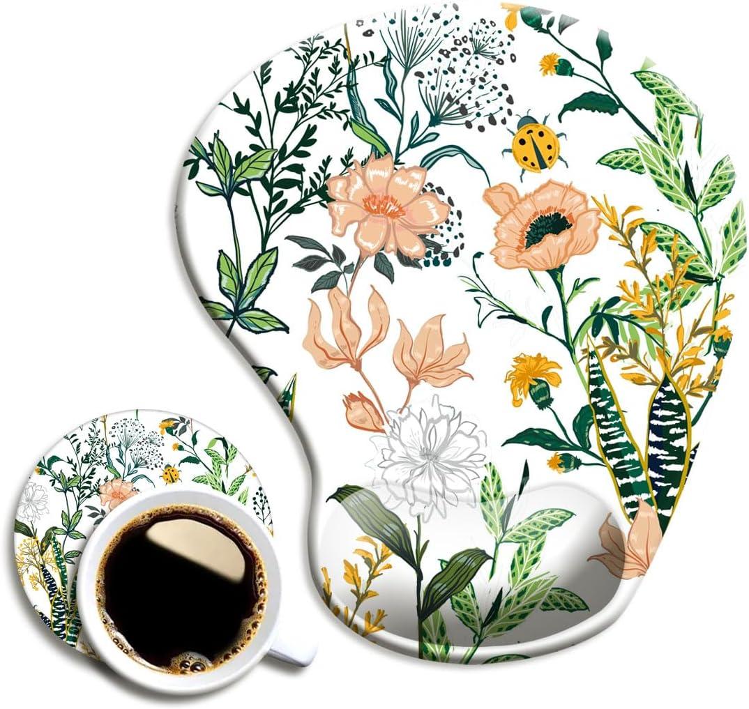 Ergonomic Mouse Pad with Wrist Support, Cute Mouse Pads with Non-Slip PU Base for Home Office Working Studying Easy Typing & Pain Relief Beautiful Floral (Creamy White)
