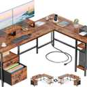 Furologee 66 L Shaped Desk with Power Outlet, Reversible Computer Gaming Desk with File Drawer & 2 Monitor Stands for Home Office with Storage Shelves, Rustic Brown