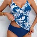 B2prity Women's Ruched Tankini Swimsuits V Neck Wrap Tie Back Two Pieces Bathing Suit Tummy Control Swimwear (Blue, XL)