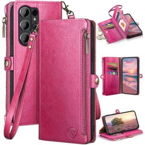 XcaseBar compatible with Samsung Galaxy S26 Ultra Wallet case with Zipper Credit Card HolderRFID Blocking,Flip Folio Book PU Phone case Shockproof Cover Women Men for Samsung S26Ultra case Rose Red