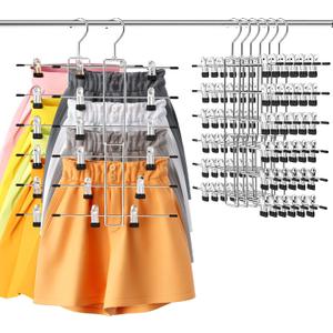 6 Pack Pants & Skirt Hangers Space Saving Hanging Closet Organizer and Storage, Upgrade Skirt Hangers with Clips and 360 Swivel Hook, Closet Storage