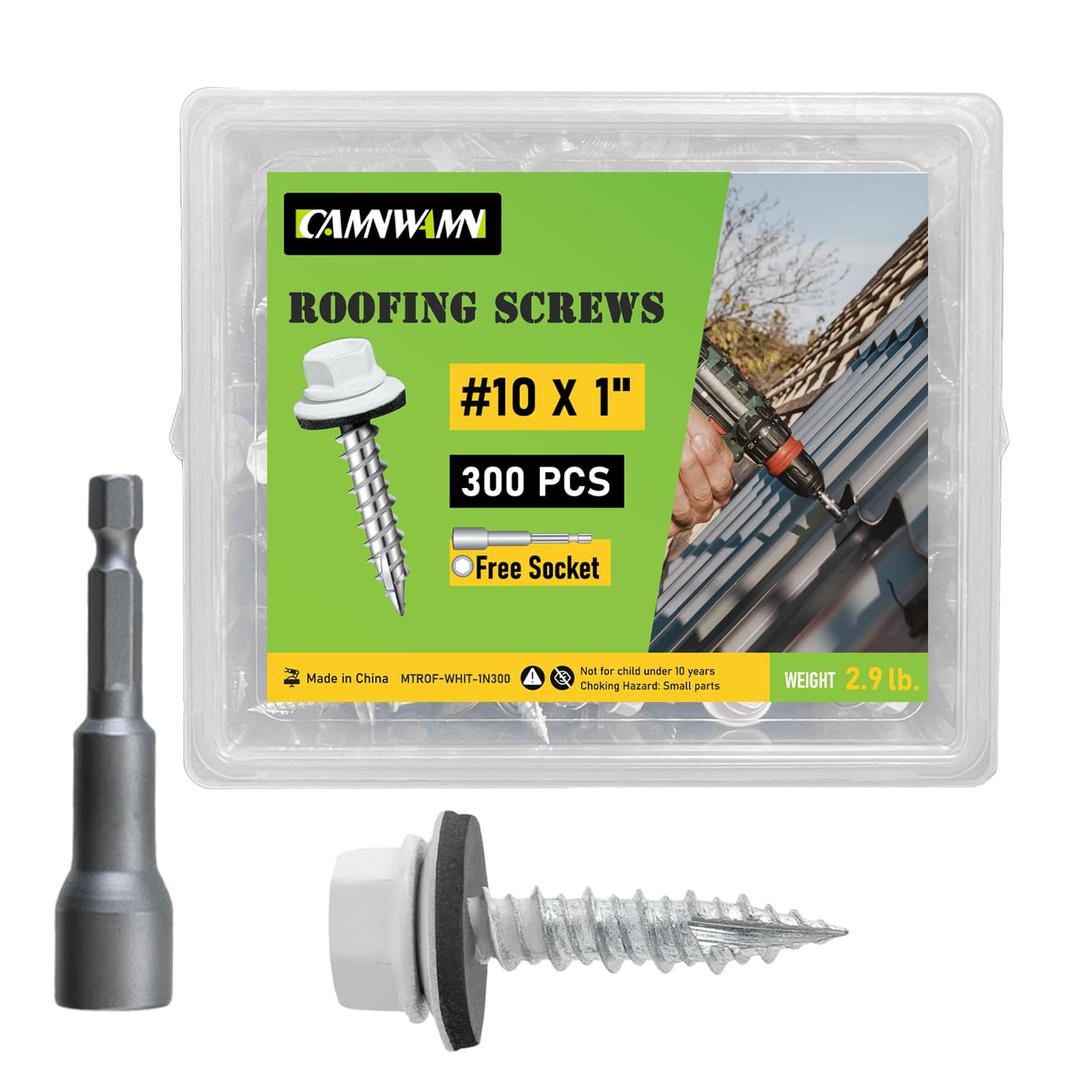 300 Pcs, #10 x 1 Inch White Painted Hex Head Metal Roofing Screws, Sharp Point Sheet Metal Roof Screw with Rubber Washer, Self Tapping Metal to Wood Siding Screws, Hex Socket Included