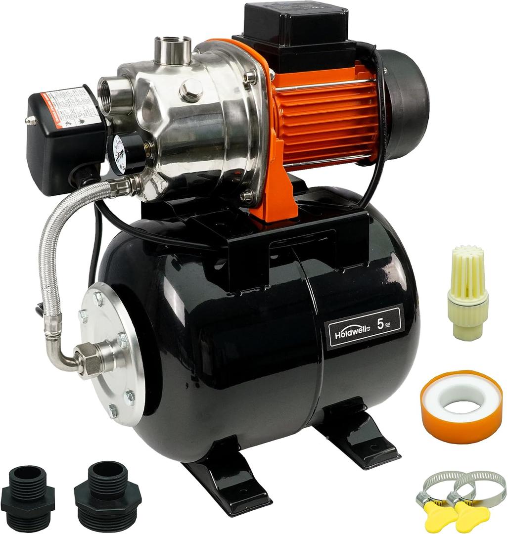 HoldwellS 115V Shallow Well Jet Pump with 5 Gallon Pressure Tank 1320 GPH Stainless Steel Automatic Water Booster Pump with Pressure Switch & Gauge, 164ft Max Head, 1.5HP Home Irrigation System