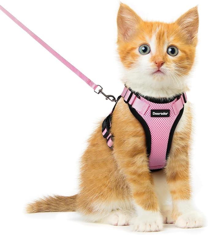 Dooradar Cat Harness and Leash Set, Escape Proof Safe Adjustable Kitten Vest Harnesses for Walking, Easy Control Soft Breathable Mesh Jacket with Reflective Strips for Cats, Pink, XL